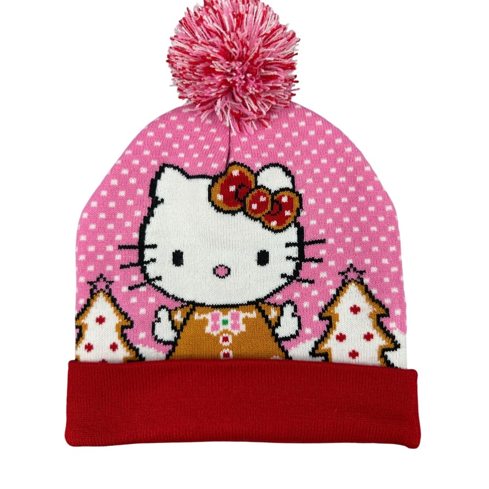 Hello Kitty Beanie Winter‎ Hat Christmas Pink Polka Dot knit Sanrio, gingerbread